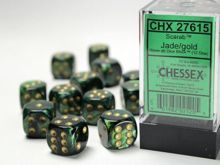 Chessex Scarab 16mm d6 Jade gold Block (12) For Cheap