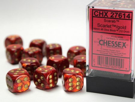 Chessex Scarab 16mm d6 Scarlet gold Block (12) For Cheap