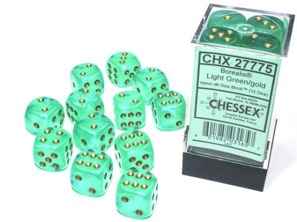 Chessex Borealis 16mm d6 Light Green Gold Block (12) For Discount