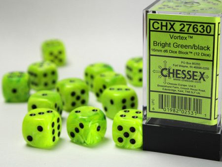 Chessex Vortex 16mm d6 Bright Green Black Block (12) Online Hot Sale