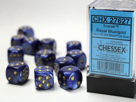 Chessex Scarab 16mm d6 Royal Blue gold Block (12) Online Hot Sale